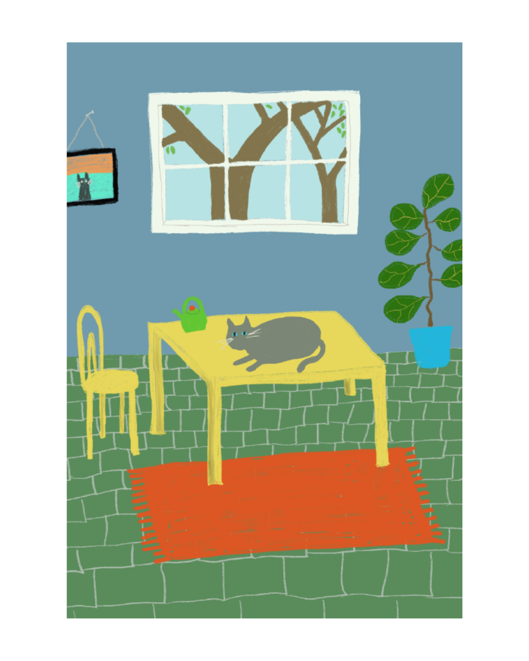 Grey Cat Yellow Table Greeting Card