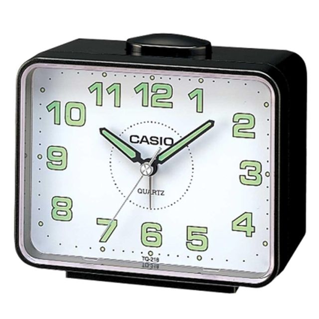 Casio TQ218-1BDF alarm clock, black case and white dial, front view