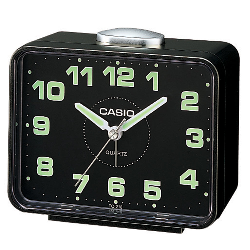 Casio TQ218-1DF black dial bedside alarm clock, front view