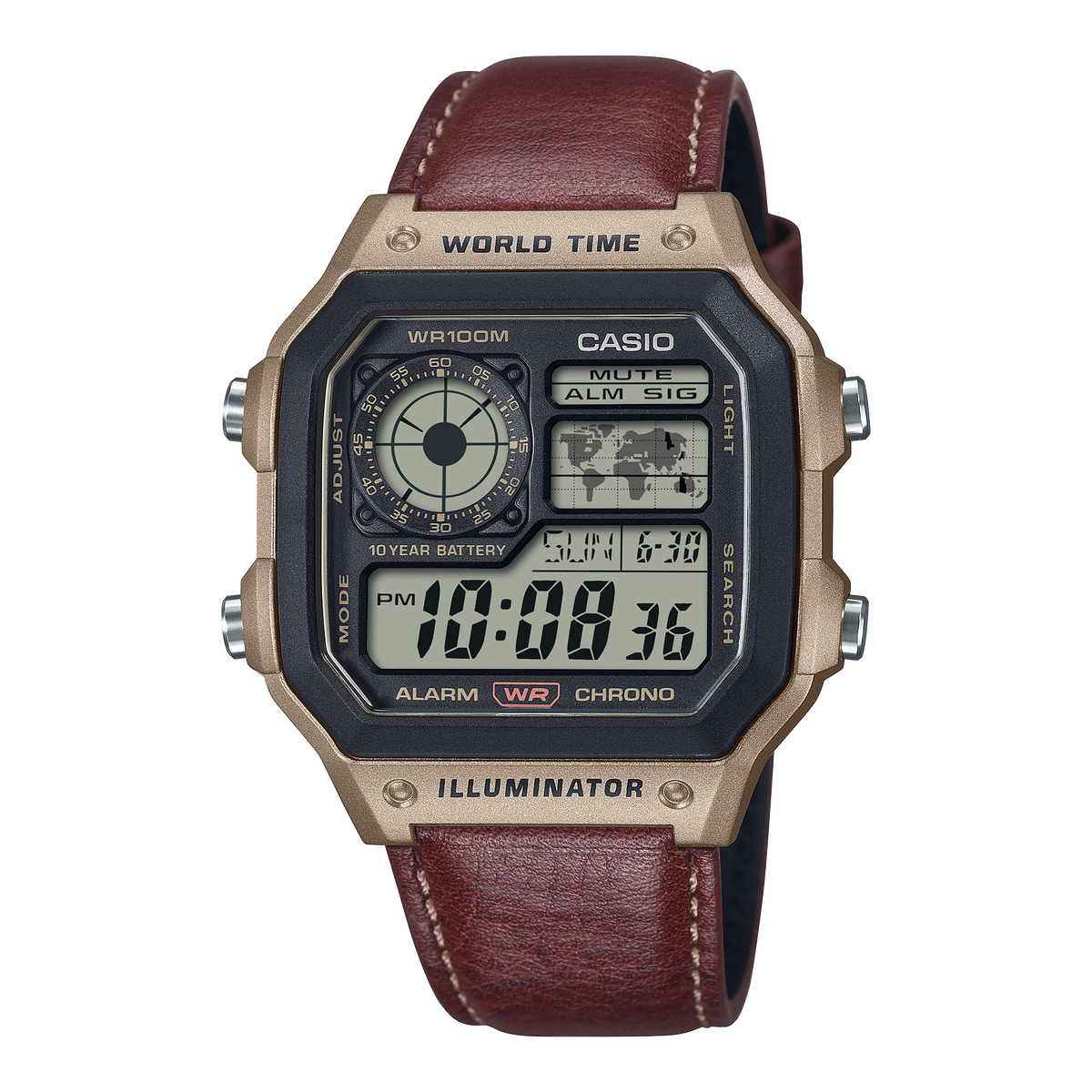 Casio AE1200WHL-5A world time watch with brown leather band, front product view