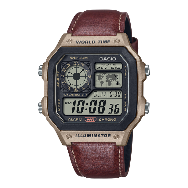 Casio AE1200WHL-5A world time watch with brown leather band, front product view