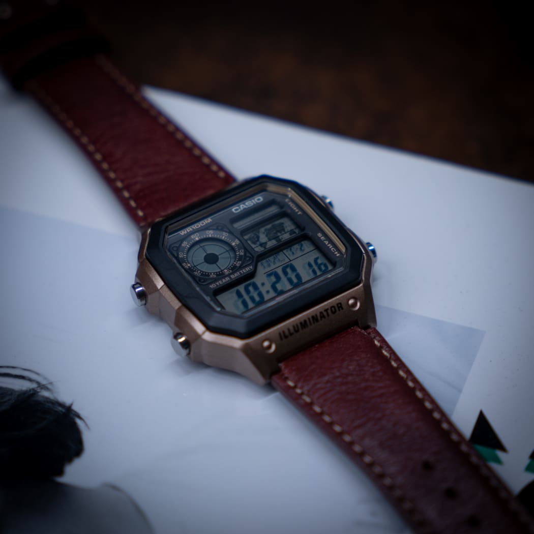 Casio AE1200WHL-5A watch leather strap and world map dial detail