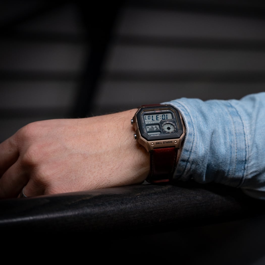 Casio AE1200WHL-5A world-time watch worn on wrist