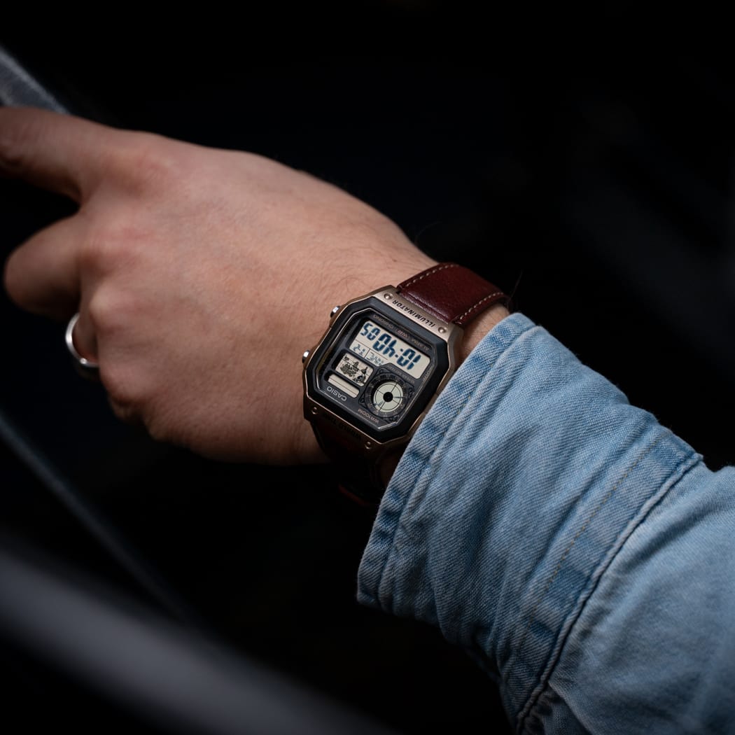Casio AE1200WHL-5A brown leather watch lifestyle photograph