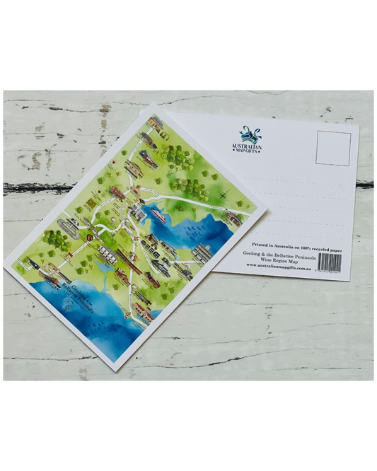 Geelong & the Bellarine Peninsula Wine Region Map Postcard A6