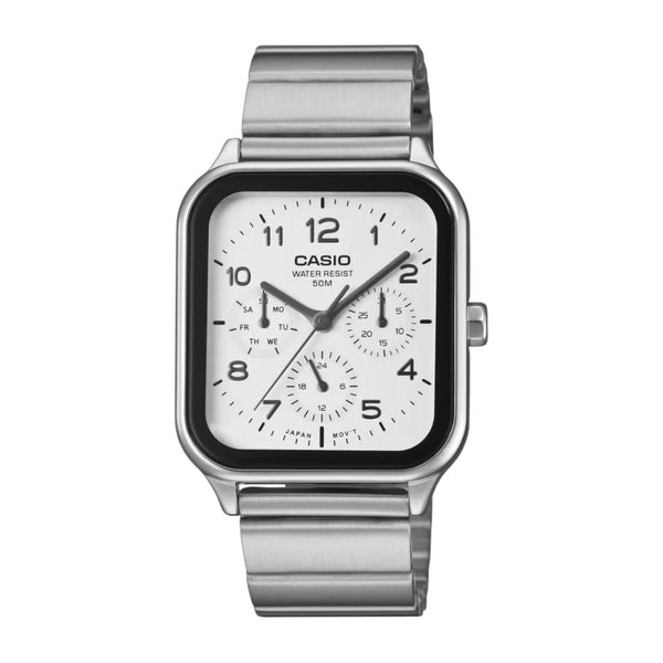 Casio MTPM306D-7A stainless steel square watch with white analogue dial, front view