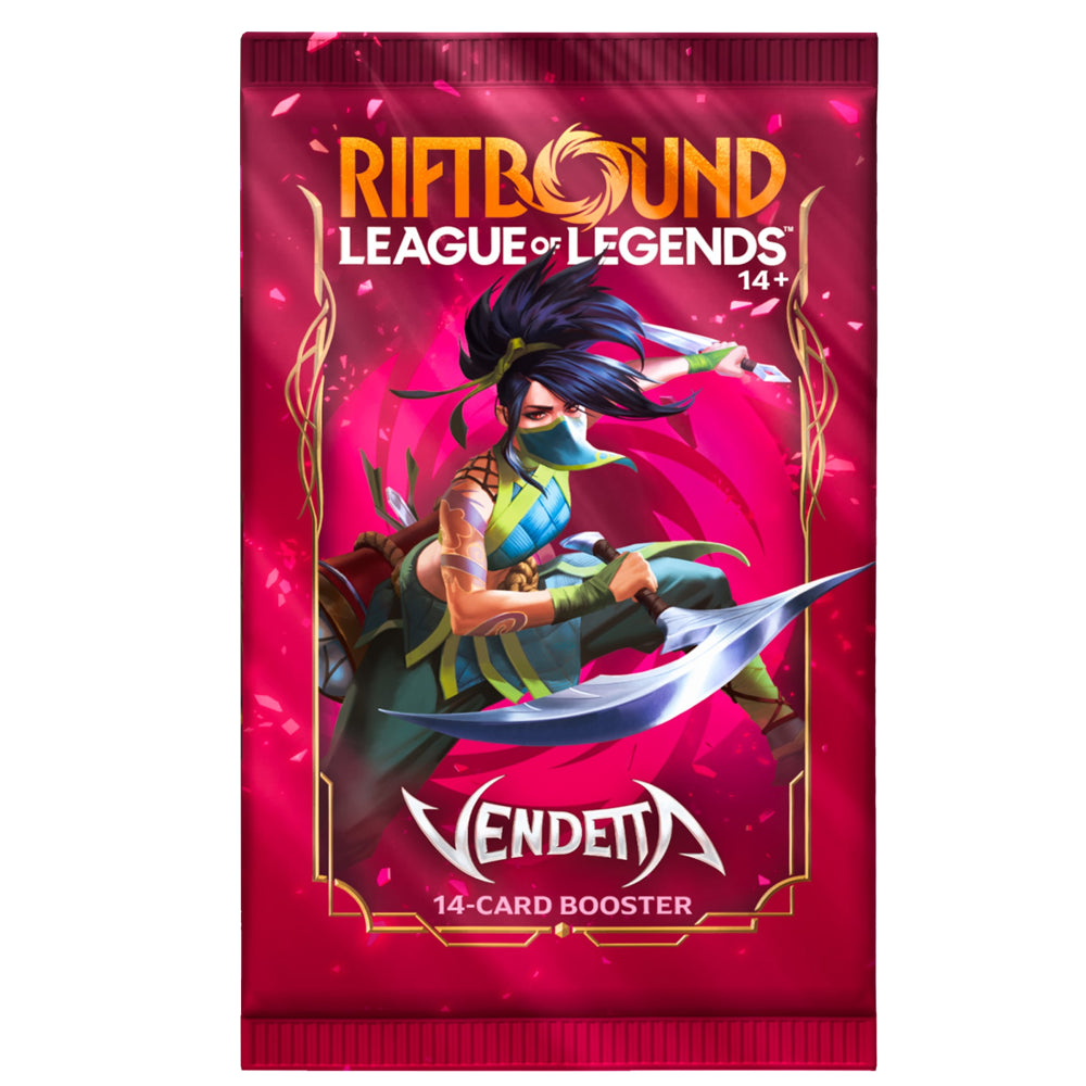Riftbound Vendetta 14-card single booster pack with Akali artwork