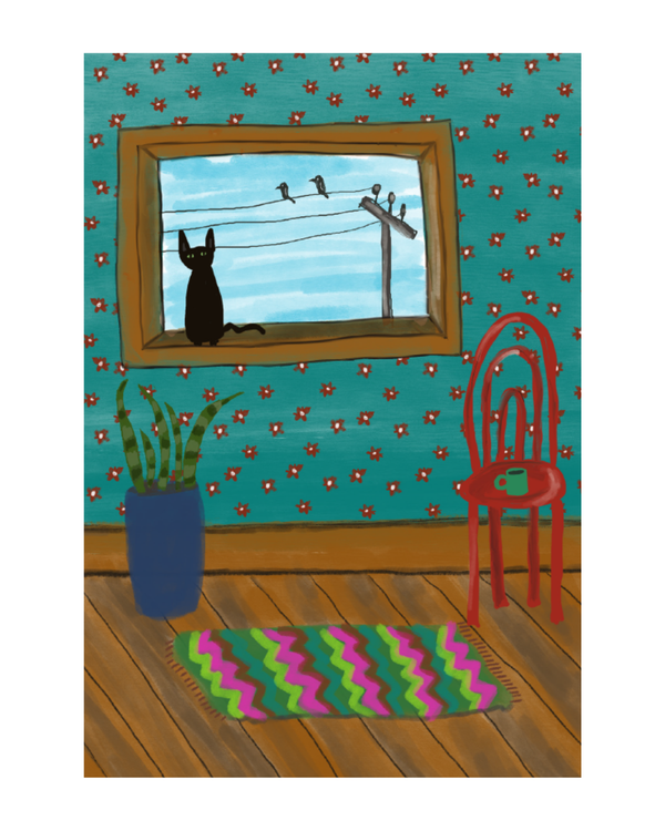 Black Cat Windowsill Greeting Card