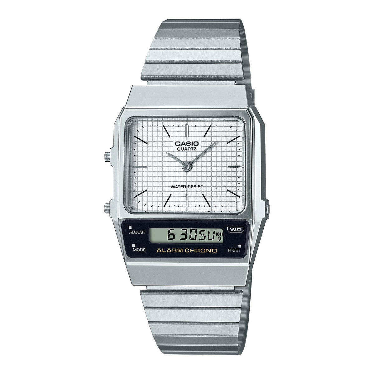 Casio Vintage AQ800E-7A silver and white analogue digital watch, front view