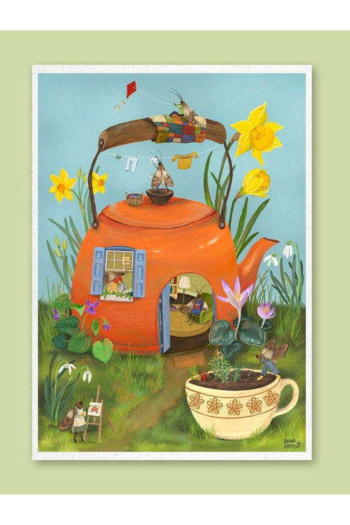 Art Print - Teapot Cottage - Cute illustration, wall art (A4)