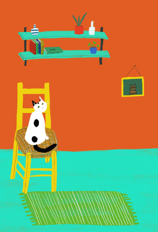 White Spotty Cat Yellow Chair Greeting Card