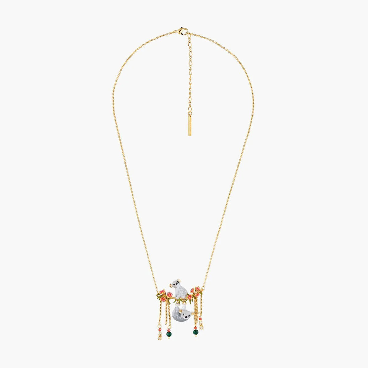 Duo of Koalas, Pink Eucalyptus and Malachite Beads Statement Necklace