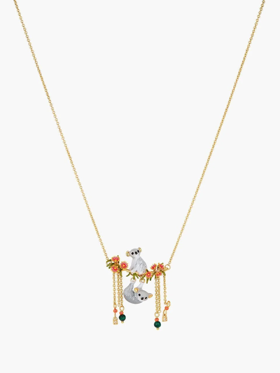Duo of Koalas, Pink Eucalyptus and Malachite Beads Statement Necklace
