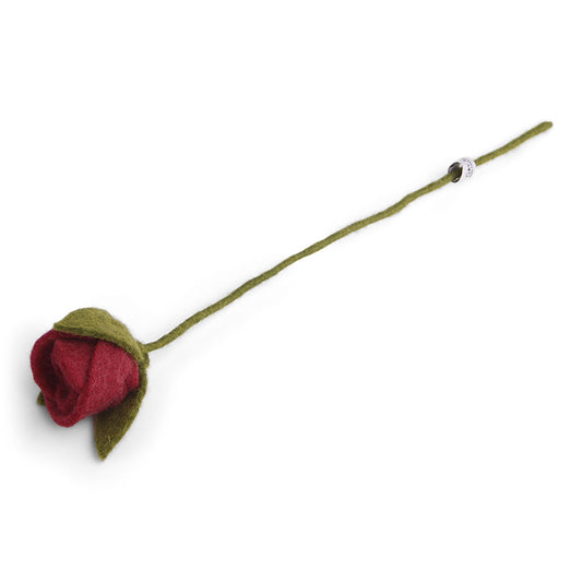 Single dark red Gry and Sif felted rose on its long stem